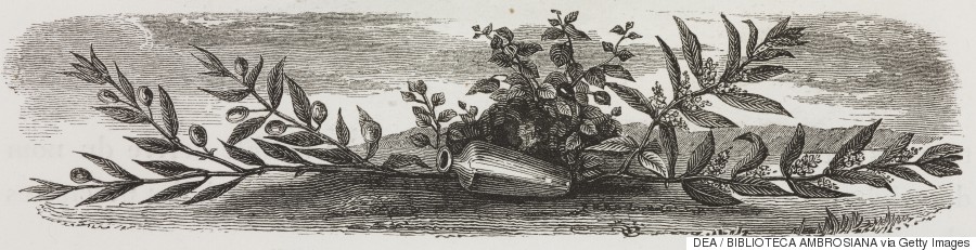 UNSPECIFIED - APRIL 16: Amphora lying beside branches with leaves and flowers, illustration from Greece, Pictorial, Descriptive, and Historical, 1841, by Christopher Wordsworth (1807-1885). (Photo by DeAgostini/Getty Images)